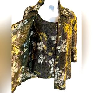 2 Piece Lace Green Floral Tank Top and Cover Button Up Blouse Size 12